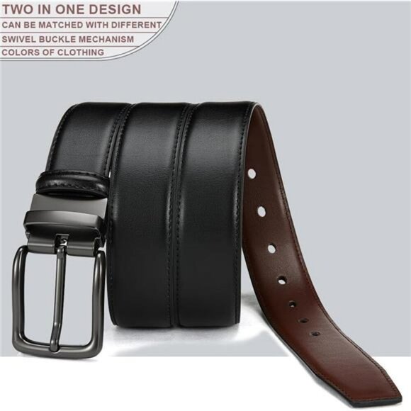Mens reversible leather belt black brown dress casual trim to fit waist belt - Picture 4 of 7
